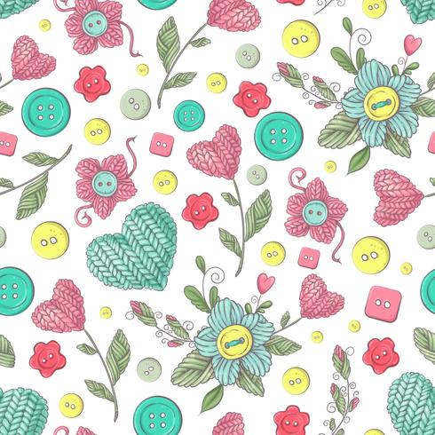 Seamless pattern handmade knitted flowers vector