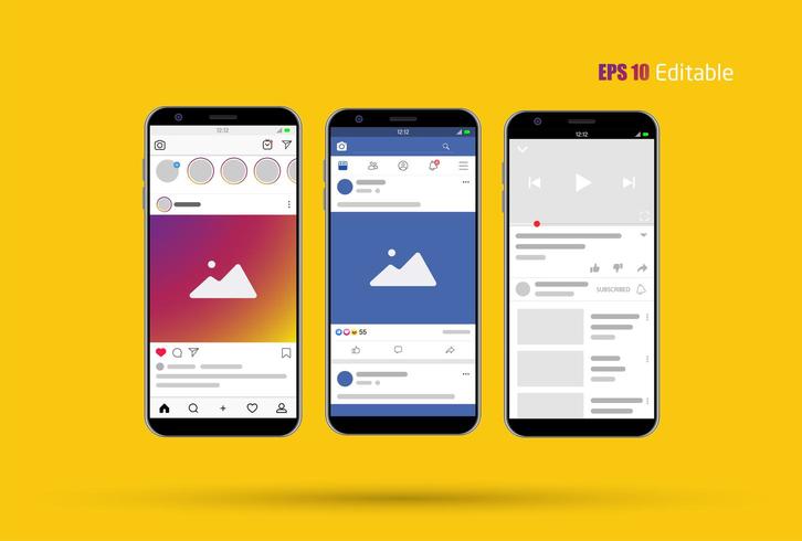 Modern Social Media new feed, post and home page mockup with smartphone and editable background vector