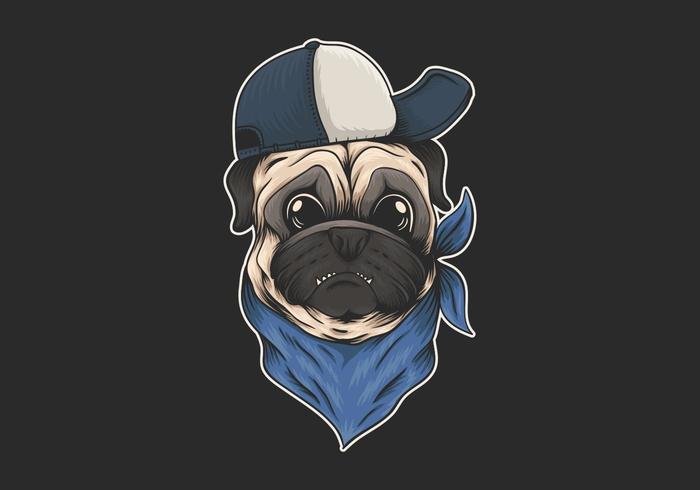 Pug dog wearing hat and bandana illustration vector