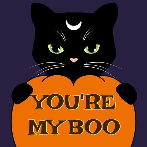 Halloween card with black cat and carved pumpkin. Vector illustration