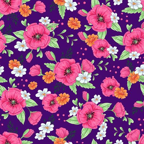 Pink  poppies and daisies seamless pattern vector