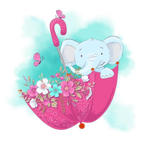 Elefante de dibujos animados lindo en un paraguas con flores vector