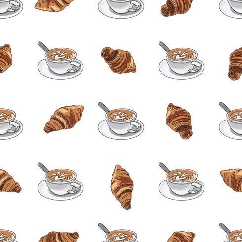 Taza de café o capuchino con croissants de patrones sin fisuras. vector