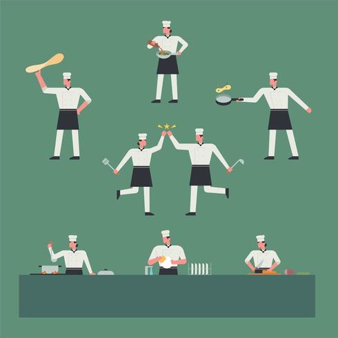 Chefs que cocinan con varios utensilios de cocina. vector