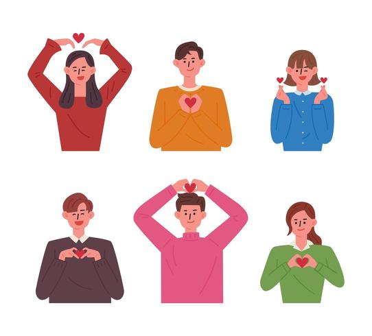 People making various heart shapes with hands. vector