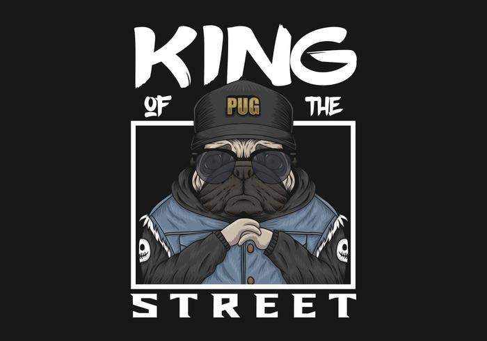 Pug con sombrero y chaqueta con el rey de la calle ilustración de texto vector