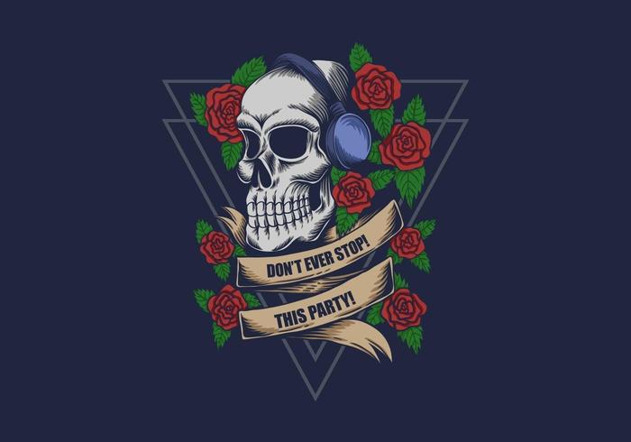 skull wearing headphones with roses illustration vector