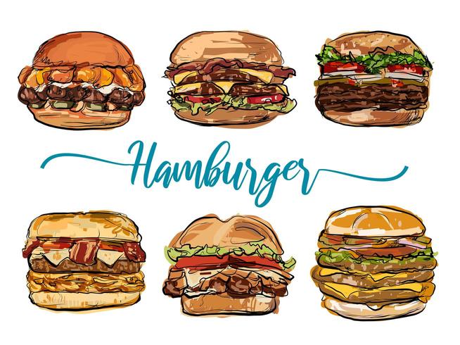 Hamburger hand drawn set vector