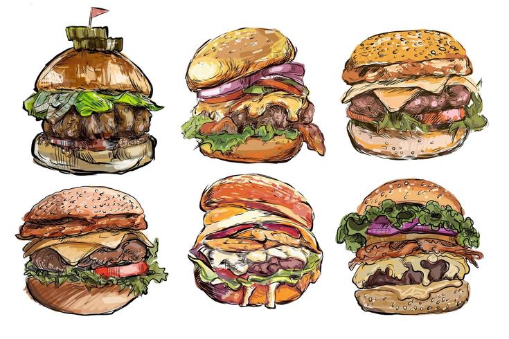 Large hamburgers hand drawn set vector