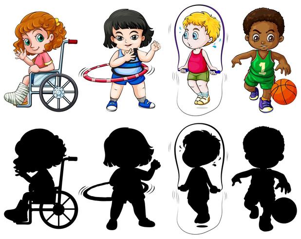 Set of kids in color and silhouette vector