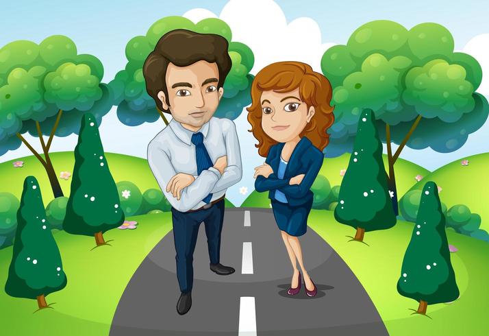 A male and a female standing in the middle of the road vector