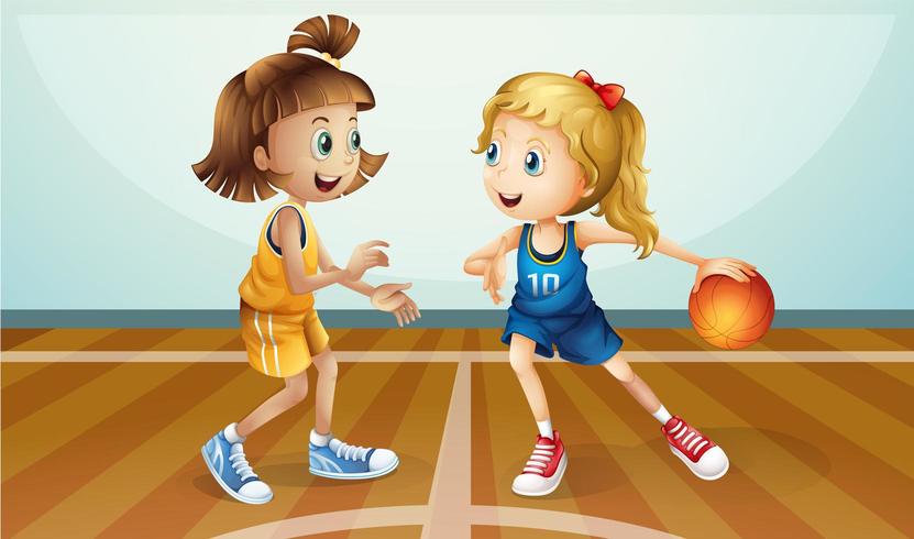 Dos señoritas jugando baloncesto vector