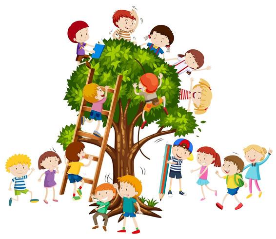 Niños trepando por el árbol vector