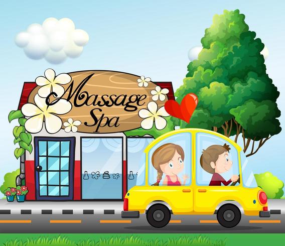 A couple riding in a car near the massage spa vector