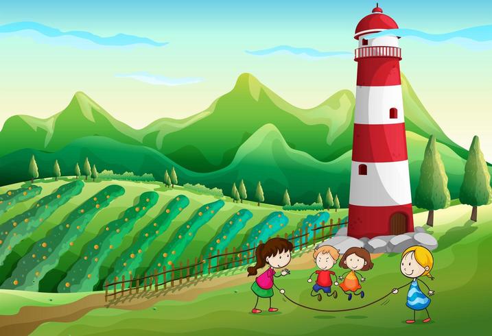 Kids playing at the farm with a tower vector