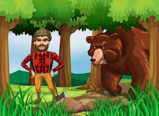 Escena del bosque con lumber jack y bear vector