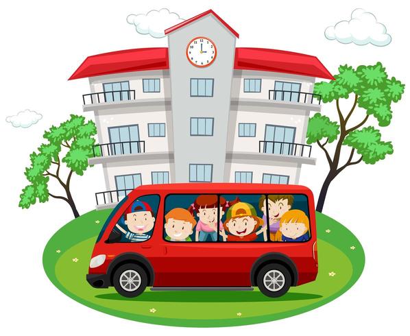 Students riding on red van to school vector