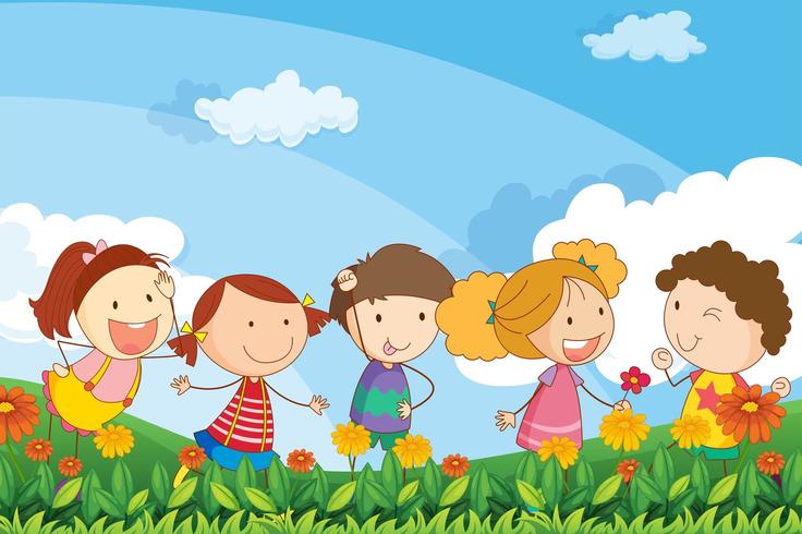 Five adorable kids playing at the garden vector