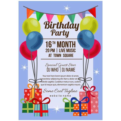 flat style birthday party poster template with balloon flag present box