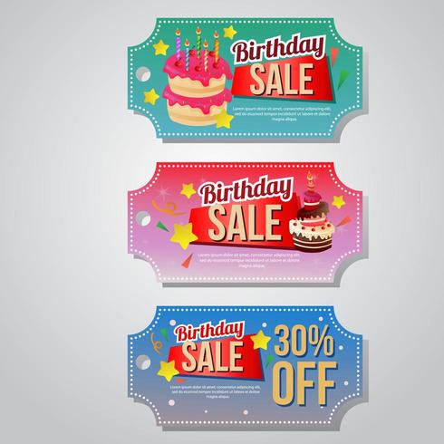 conjunto de pastel de plantilla de cupón de venta de cumpleaños vector