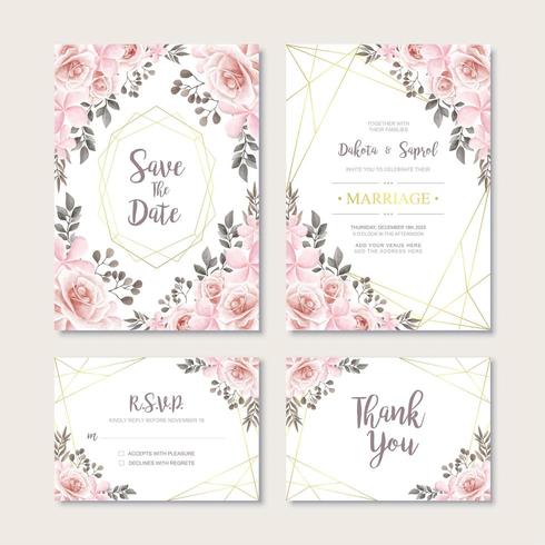Tarjeta de invitación de boda vintage con plantilla de decoración de flores de acuarela vector