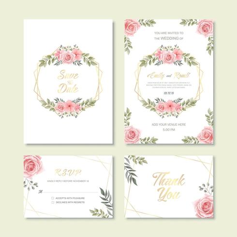 Plantilla de tarjeta de invitación de boda con decoración de flores de acuarela VIntage vector