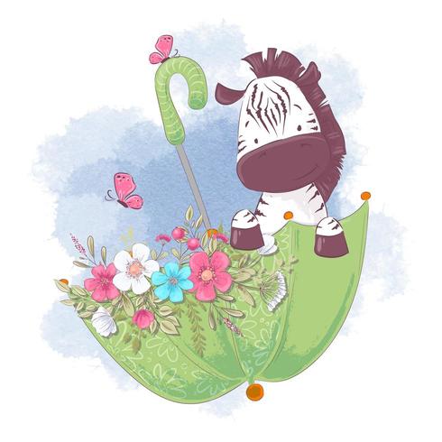 Cute cartoon zebra in an umbrella with flowers vector