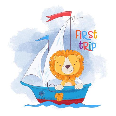 Cute cartoon lion on a sailing ship vector