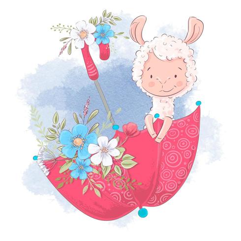 Cute cartoon llama in an umbrella with flowers vector