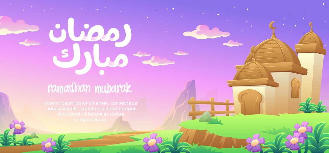 Ramadhan Mubarak con una mezquita de cúpula de madera en las montañas vector