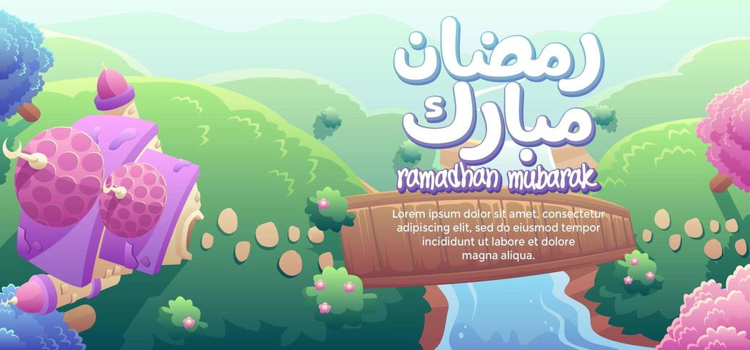 Ramadhan Mubarak con una linda mezquita y vista superior del puente de madera vector