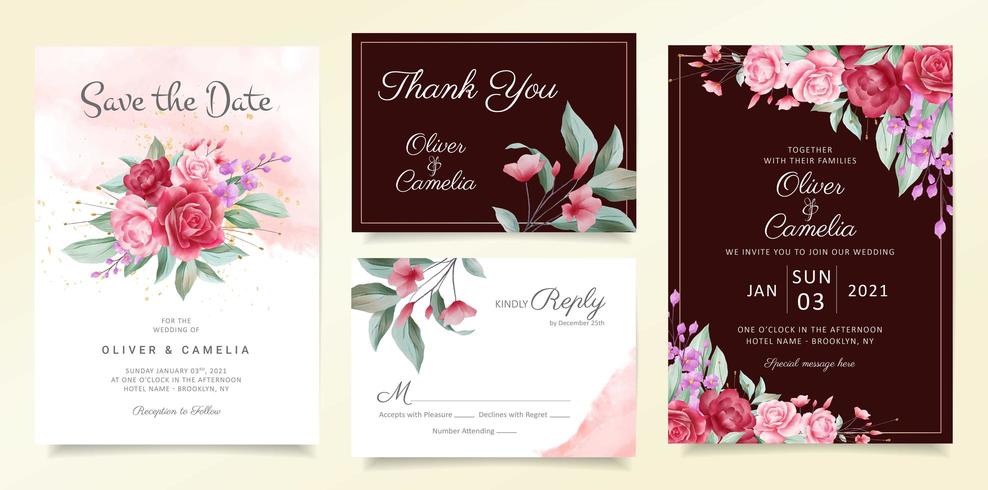 Conjunto de plantillas de tarjeta de invitación de boda flores vector