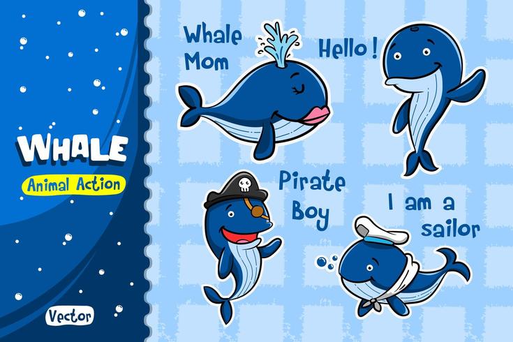 Whale Cartoon Set. Vector Design of Animal Action