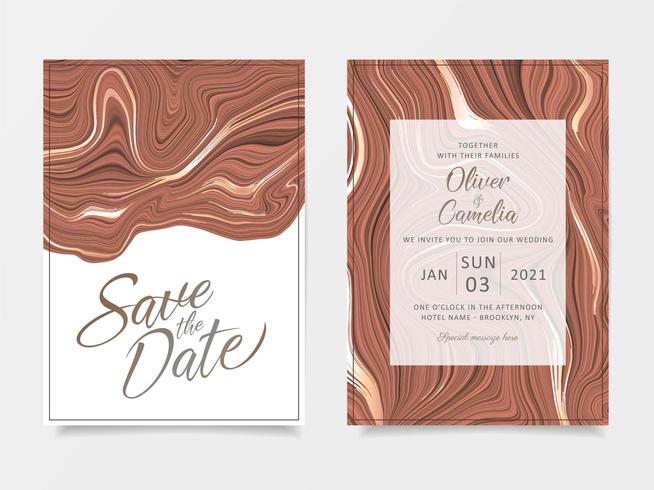 Elegant brown liquid marble wedding invitation cards template vector