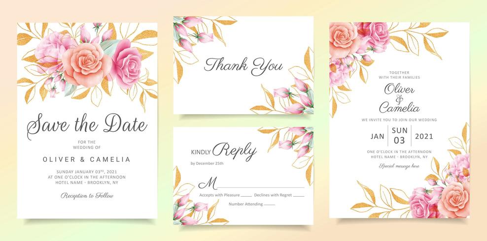 Flowers with glitter leaves wedding invitation card template set vector