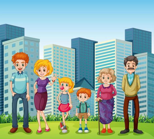 A family in front of the tall buildings in the city vector