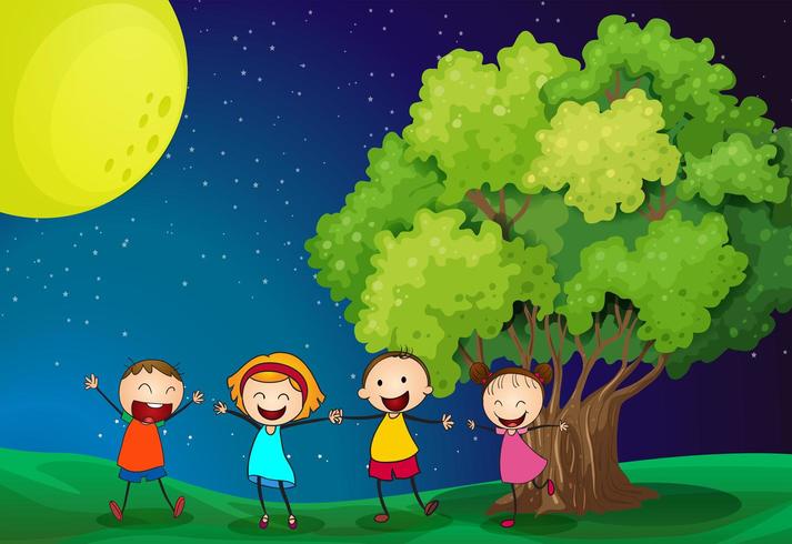 Niños jugando alegremente cerca del árbol vector