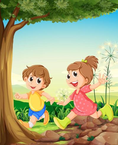 Dos adorables niños jugando debajo del árbol vector