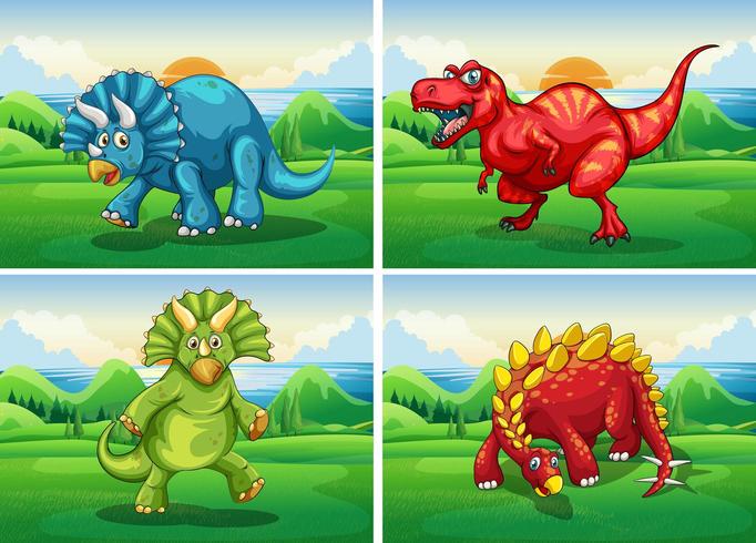 Four dinosaurs standing in the field vector