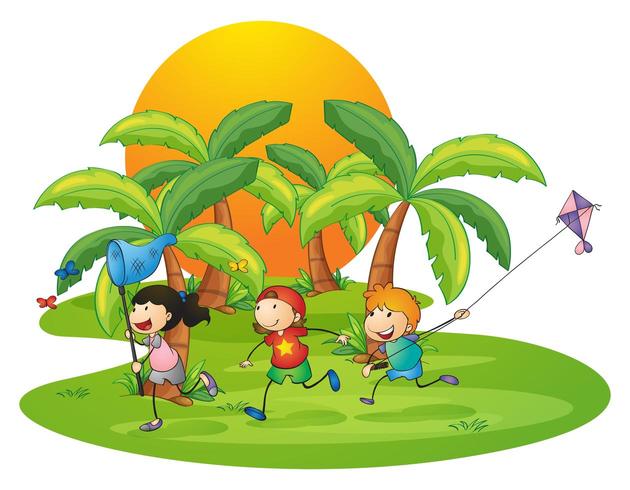 Niños jugando en la isla cerca de las palmeras vector