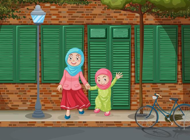 Muslim girls holding hands on the sidewalk vector