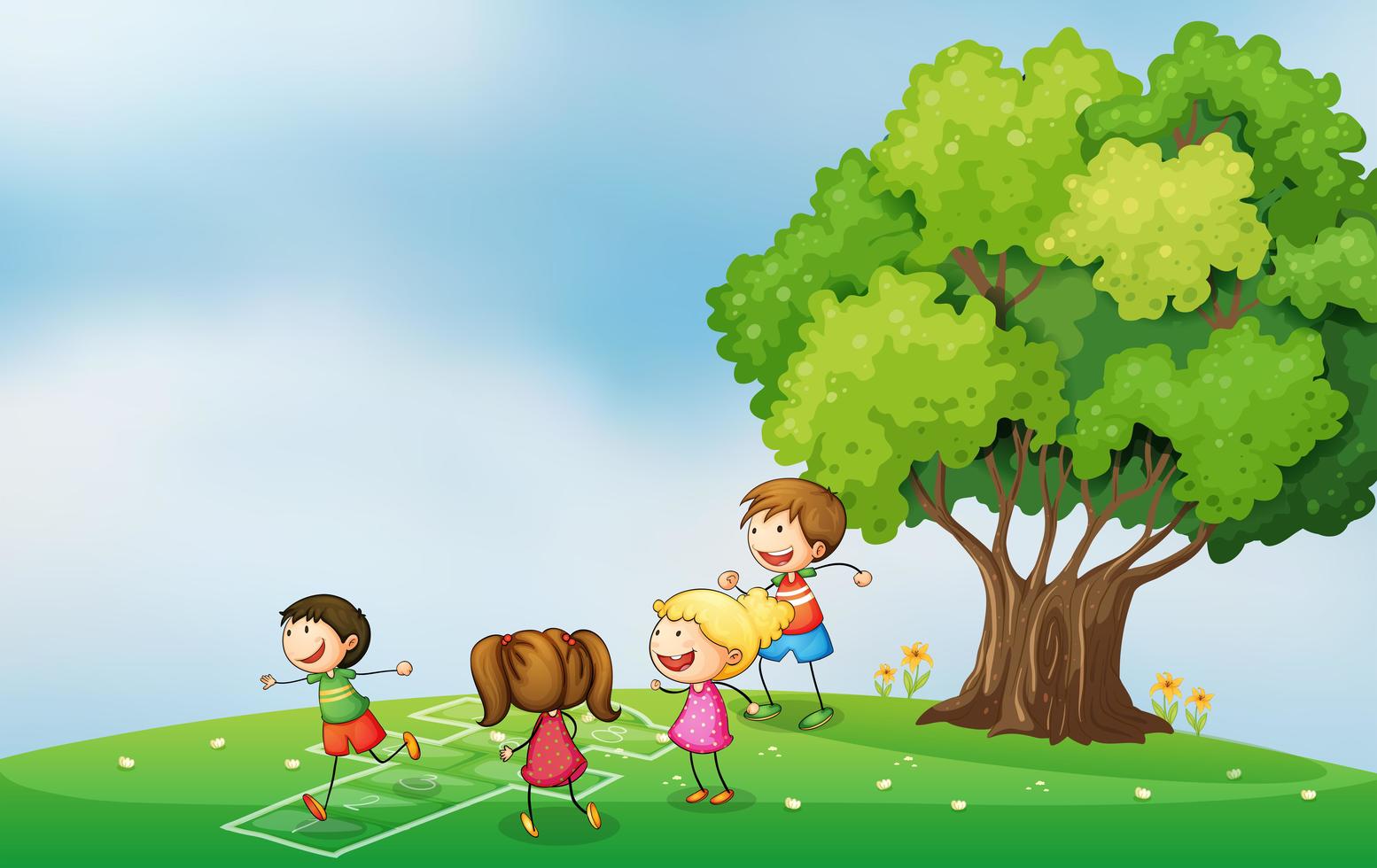 Kids playing at the hilltop near the tree 683290 Vector Art at Vecteezy