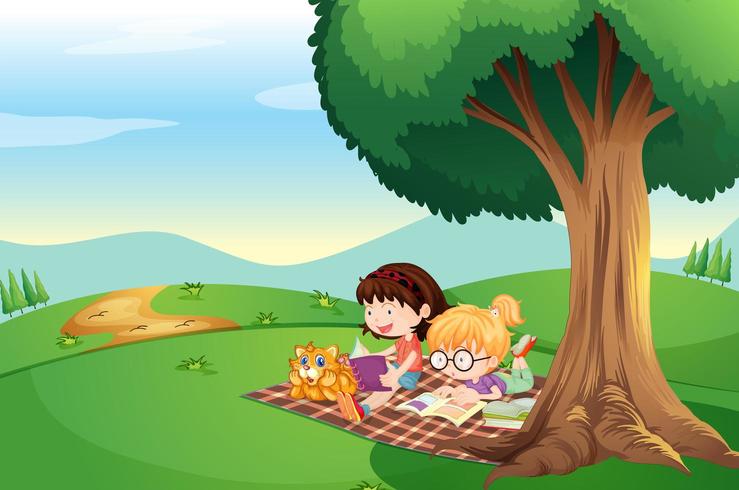 Niños leyendo debajo del árbol con un gato vector