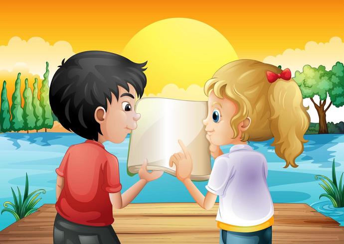 Two teenagers reading an empty book at the wooden diving board vector