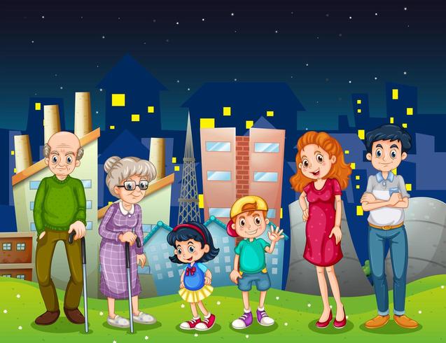 A family at the city standing in front of the tall buildings vector
