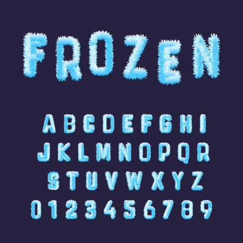 Frozen font alphabet template. Set of blue white hoarfrost numbers and letters vector