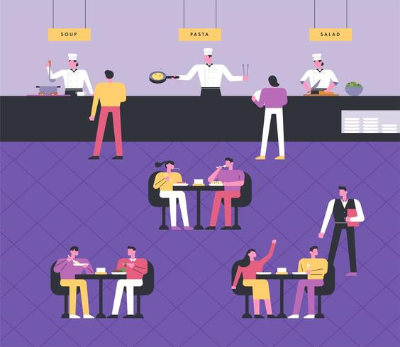 Chefs cooking, guests dining at the table, serving waiters.  vector