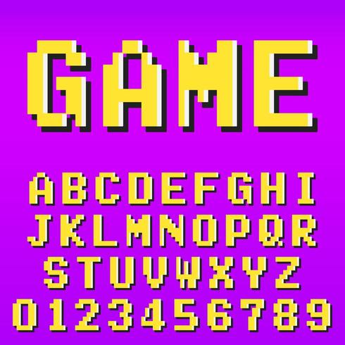 Old pixel video game alphabet font template vector