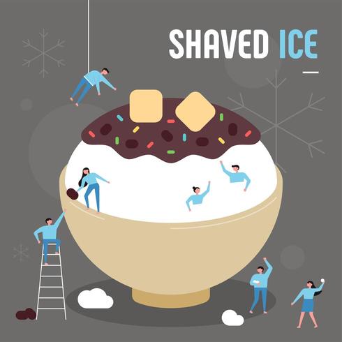 Asian summer dessert. Small people making giant red bean sauce shaved ice. vector