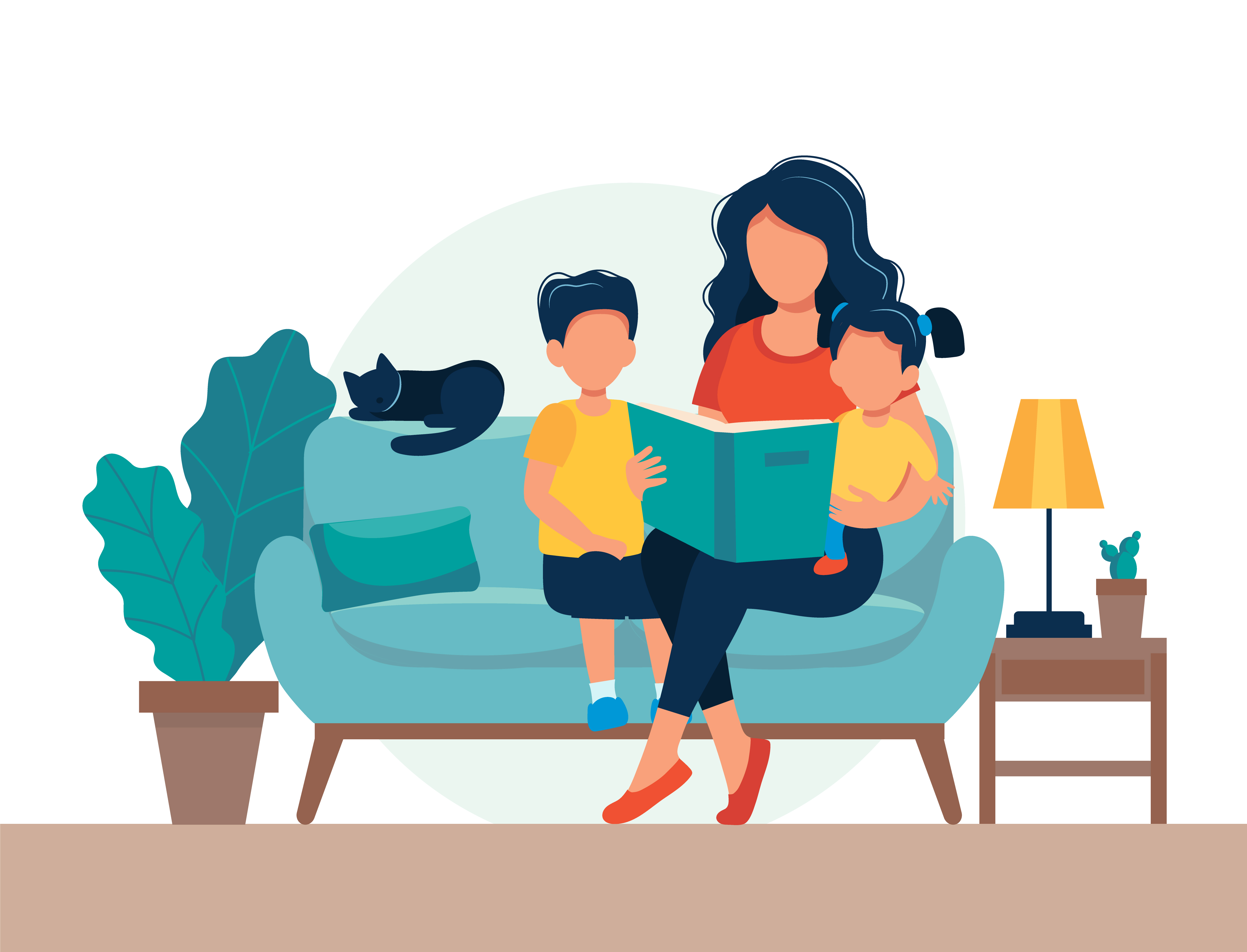 Mom reading for kids. Family sitting on the sofa with book in flat